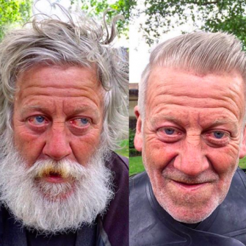 before and after pics of a homeless man who has had a haircut and shave