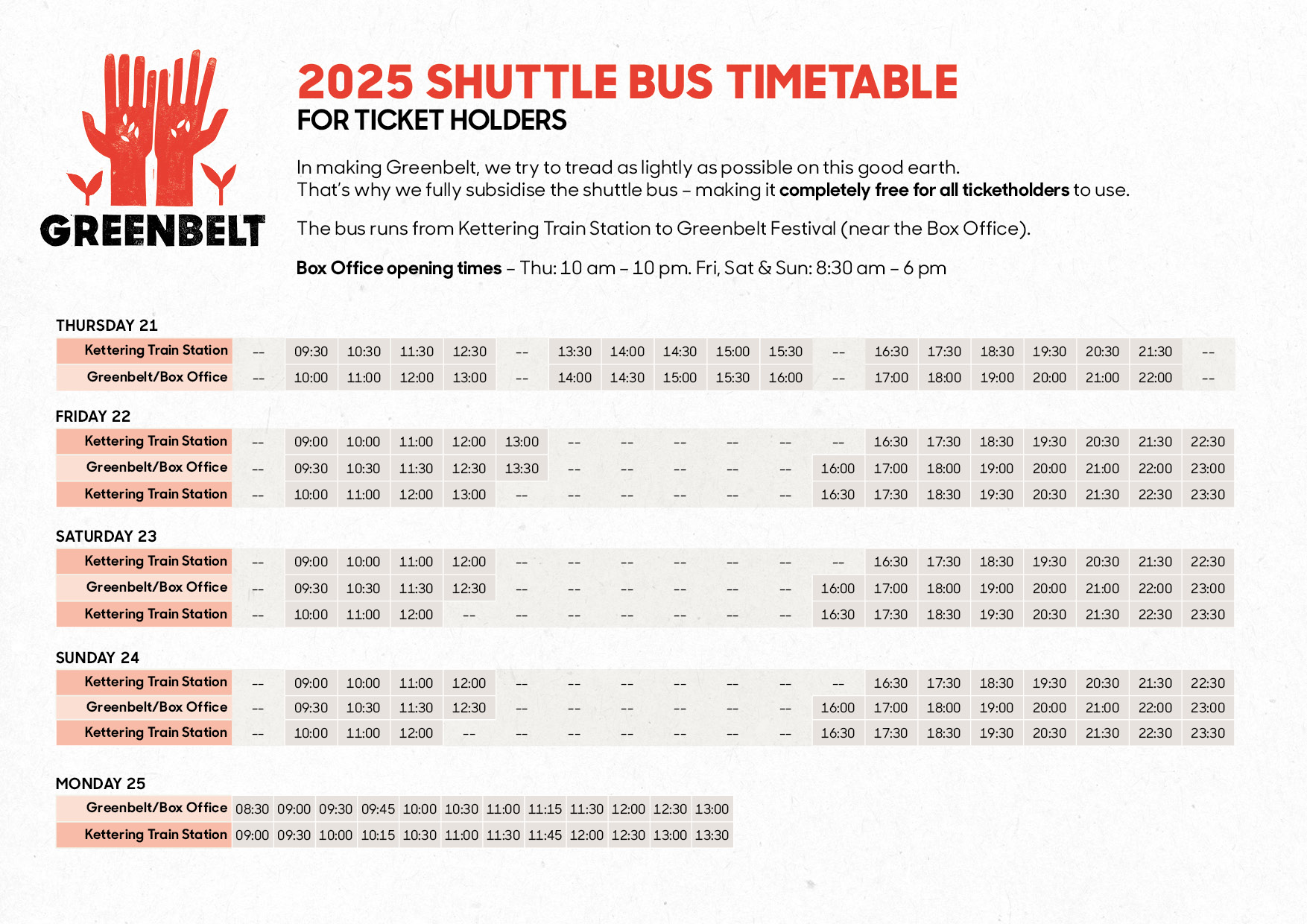 Shuttle bus timetable