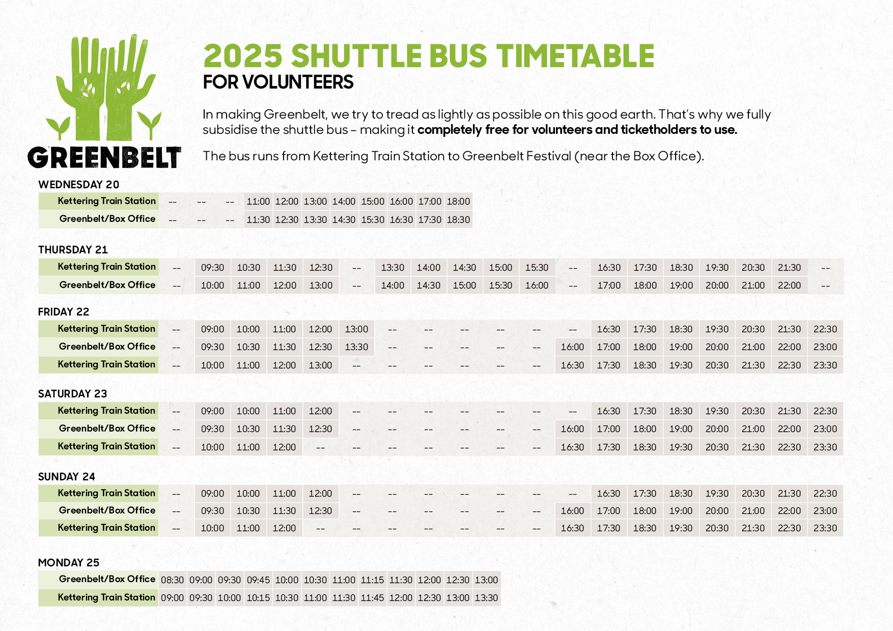 Volunteer shuttle bus timetable
