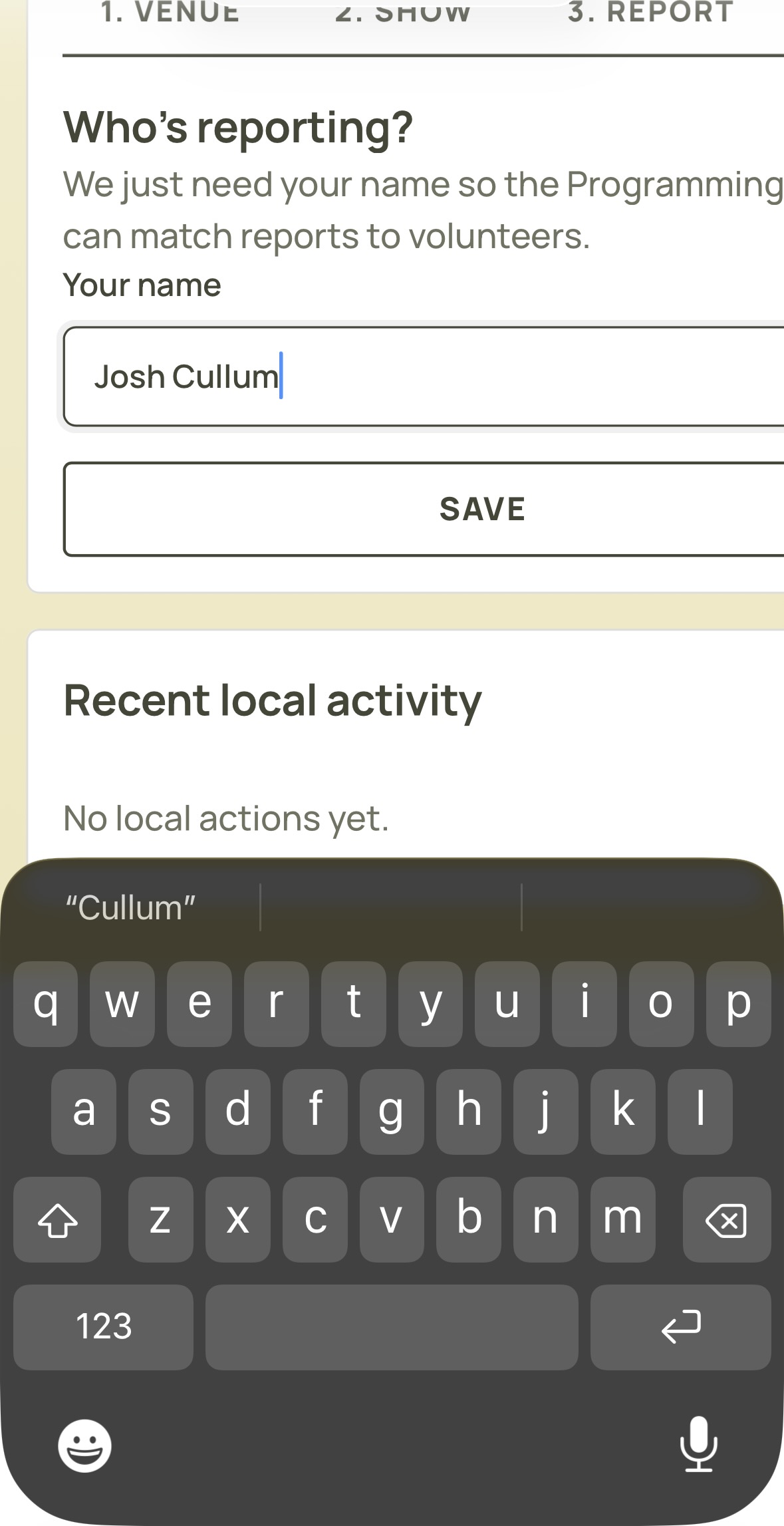 Josh Cullum typed into the name field