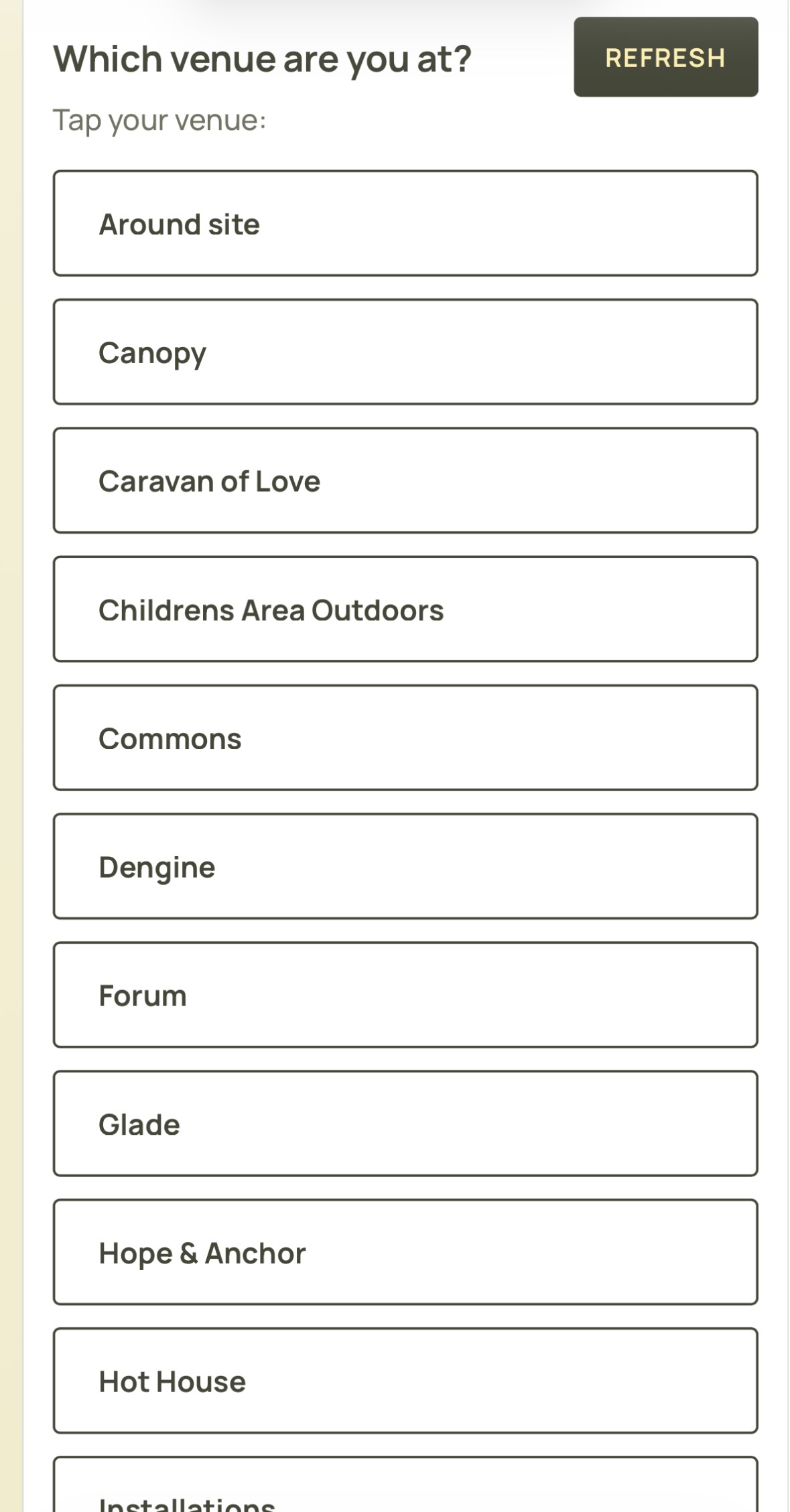 More of the venue list, showing Around site through Hot House